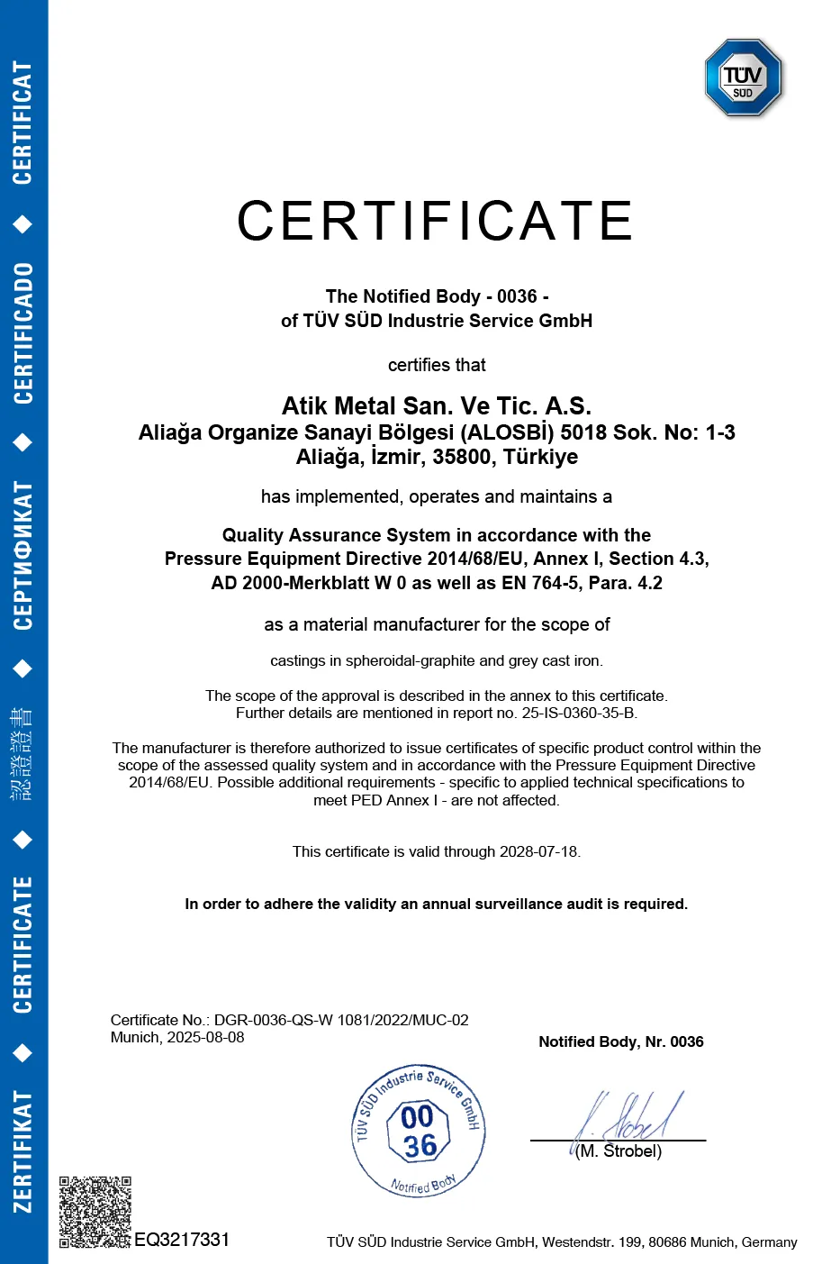 Approval of Manufacturer Certificate